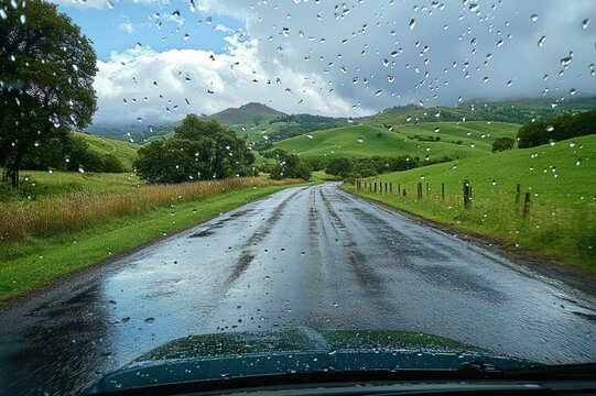 View through a rain-speckled windshield of a wet country road leading through green rolling hills with scattered trees and fence posts under moody clouds, serene and contemplative