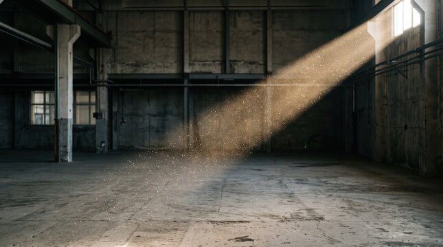 Dramatic sunbeam ray of light shining through a high window into a dark abandoned industrial warehouse interior, illuminating floating dust particles in the air, concrete walls