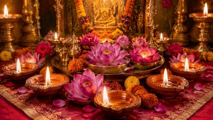 Fototapeta premium Oil lamps and lotus flowers arranged on devotional altar