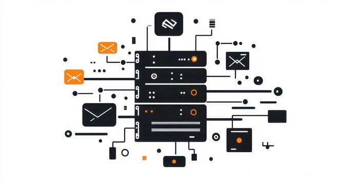 central server stack with connected email icons and data nodes conveying efficient digital communication