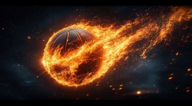 Basketball engulfed in roaring flames blazing through a dark starry sky with trailing embers conveying intense speed power and dramatic motion