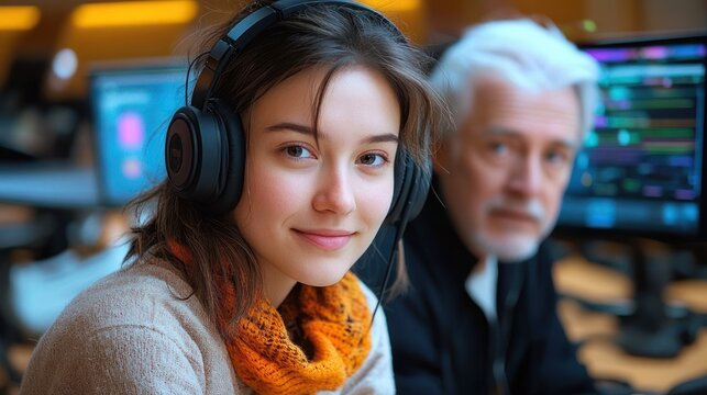 Two focused people wearing over-ear headphones at computer workstations in a dimly lit tech space, one wearing an orange scarf, concentrating on colorful screens