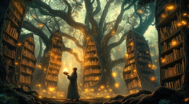Cloaked reader holding a book beneath a giant twisting tree surrounded by bookshelves carved into trunks and floating golden lights, evoking awe and wonder
