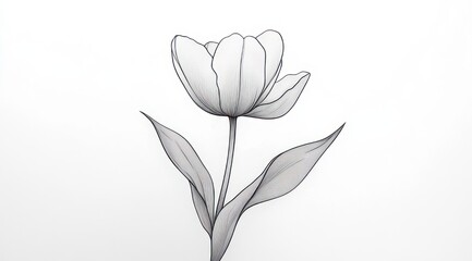 Obraz premium delicate minimalist black and white line drawing of a single tulip with stem and two leaves conveying calm elegance