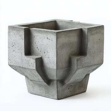 raw concrete geometric planter with hollow square center and stepped cubic forms, minimalist sculptural object conveying austere modern architectural mood