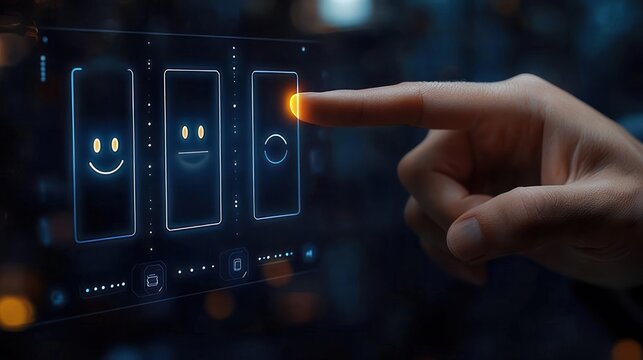 human finger tapping a glowing option on a futuristic touchscreen feedback panel with smiley and neutral emoticons, conveying decisive interaction