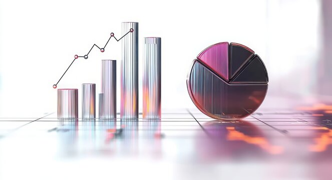 reflective metallic 3d bar chart with ascending line graph and segmented pie chart bathed in neon pink and orange light conveying optimistic growth and dynamic progress
