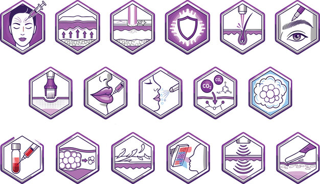 Cosmetic Dermatology Hexagon Icon Set Featuring Botox Injections Lip Fillers Eyebrow Microblading Laser Epilation and Carbon Carboxytherapy Clinic Badges