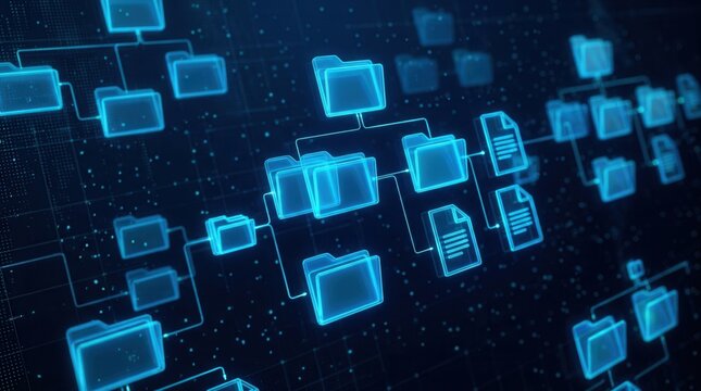 Glowing digital folders and documents in a virtual file structure interface on a blurred dark blue background, concept of data organization, 3D Rendering