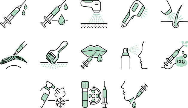 Aesthetic Medicine and Dermatology Icon Set Featuring Lip Fillers Eyebrow Microblading Carboxytherapy Laser Hair Removal and Injections for Cosmetic Clinics