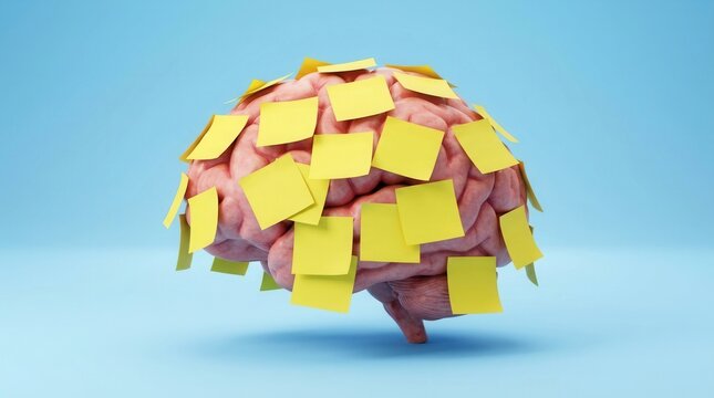 3D rendering of a human brain covered with yellow sticky notes symbolizing memory overload or task reminder concept on blue background.