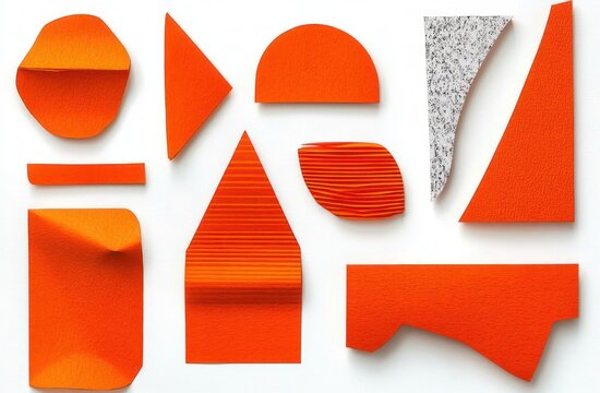 Bright orange geometric paper cutouts and folded textured shapes with a speckled grey piece on white background, playful minimalist composition