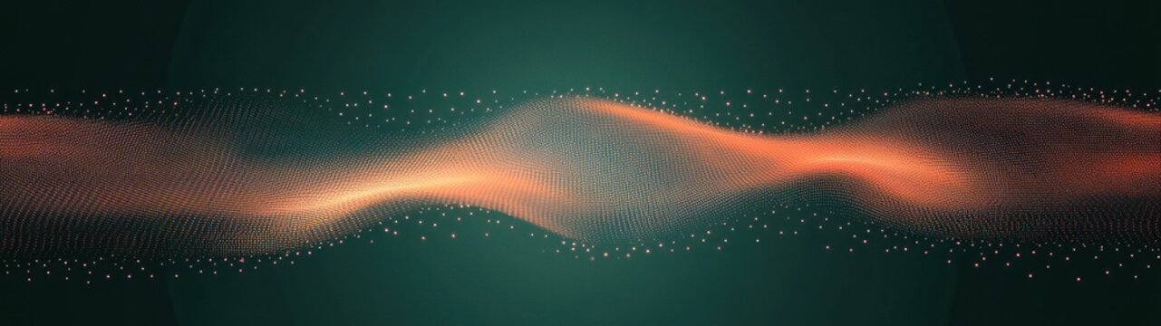 glowing orange particle wave and mesh ribbon across dark teal background with dotted particle field, flowing lines conveying calm futuristic motion and energy