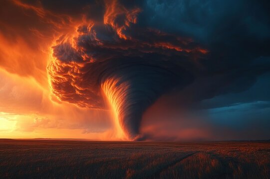 Massive glowing tornado funnel beneath fiery orange sunset clouds over a flat grassland plain, swirling vortex creating a dramatic, ominous and awe-inspiring scene