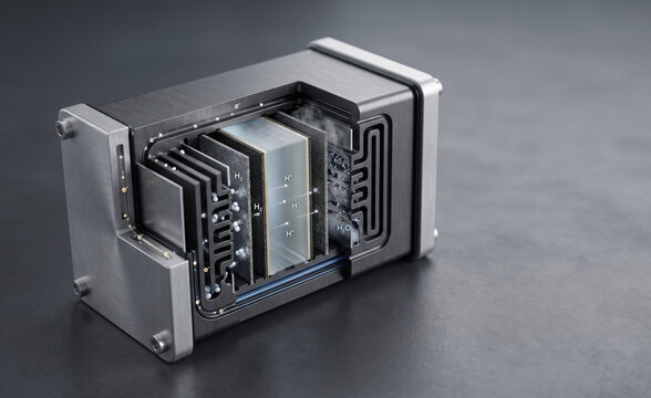 Engineered Cutaway of a Hydrogen Fuel Cell Stack Exposing Internal Cooling Channels and Bipolar Plates