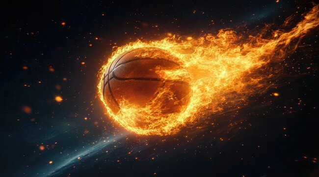 Basketball engulfed in roaring flames with a fiery trail and sparks against a dark smoky background, conveying intense speed, power, and adrenaline
