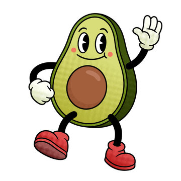 Cute Avocado Cartoon Mascot Waving With Smile Retro Pop Art Fruit Character For Healthy Lifestyle
