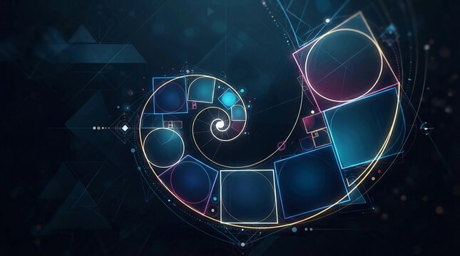 Golden ratio spiral composed of glowing geometric shapes and lines on a dark blue background