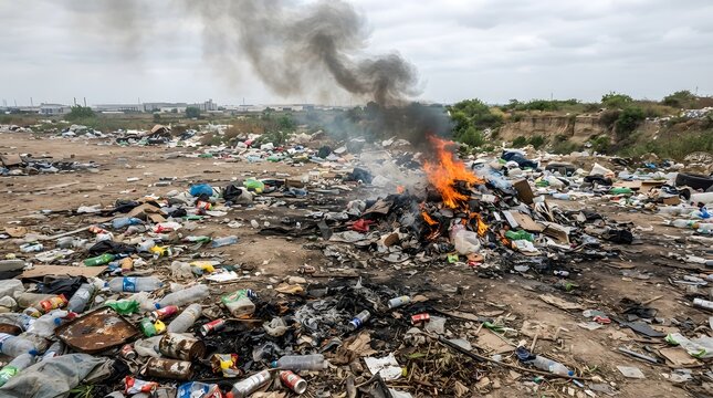 Large burning trash pile with thick smoke rising from a messy garbage dump site