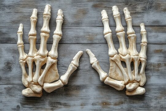 Two realistic skeletal hand models arranged symmetrically on weathered wooden planks, pale bone textures and soft shadows evoking an eerie yet playful mood