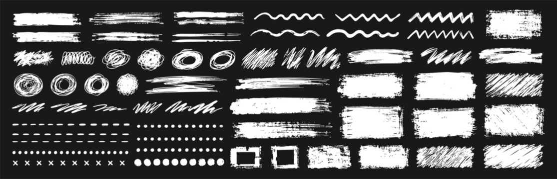Collection of various hand-drawn white chalk or pencil textures, including lines, circles, rectangles, and abstract scribbles on a black background.