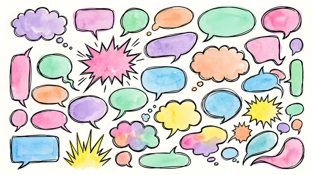Speech Bubbles in Watercolor: A vibrant collection of hand-drawn watercolor speech bubbles and thought clouds in various shapes and colors, perfect for adding a creative touch to your designs.