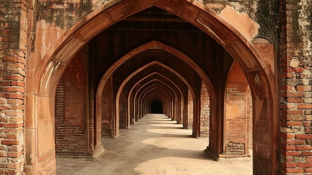 Long Brick Archway Corridor with Repeating Pointed Arches Creating a Distant Sunlit Tunnel