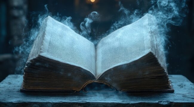 open ancient leather-bound book on a stone table with curling smoke rising from aged pages in cold blue dim light, evoking a mysterious magical atmosphere