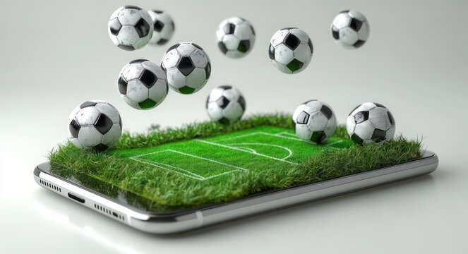 smartphone with a miniature grassy soccer pitch on its screen and multiple soccer balls bouncing above, playful energetic scene of excitement and motion