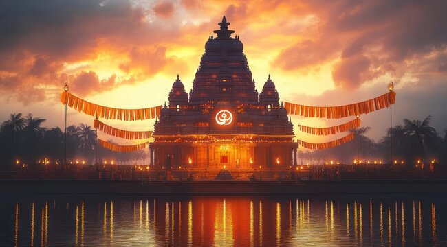 Ornate illuminated temple at sunset beside reflective water, draped with golden garlands and lit torches, palm trees and tiny silhouettes conveying a serene celebratory reverence