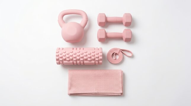 Set of pink fitness equipment including kettlebell, dumbbells, foam roller, resistance band and towel isolated on white background