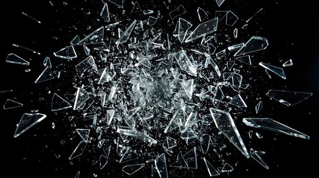 Sharp shards of broken glass exploding into pieces isolated on a black background