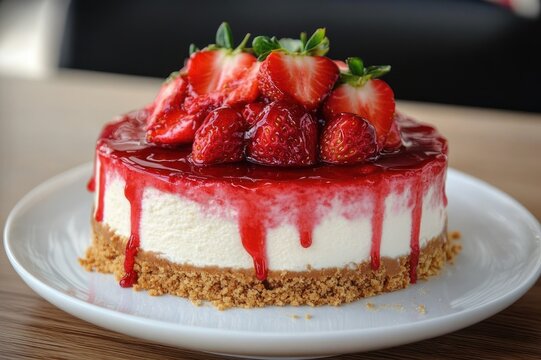 Creamy cheesecake with graham crumb crust and glossy strawberry sauce dripping down, topped with fresh halved strawberries on a white plate, indulgent and appetizing