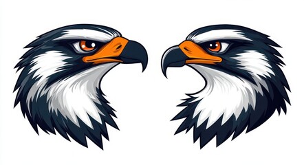 Obraz premium Two fierce stylized eagle heads facing each other with sharp orange beaks, intense eyes and bold layered feather details