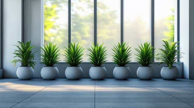 Minimalist row of eight potted green plants on tiled floor by floor-to-ceiling windows with soft sunlight and a calm, serene atmosphere