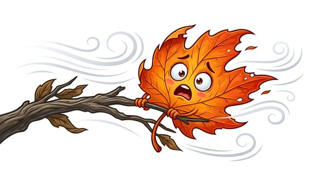 Cartoon maple leaf character with a worried face clinging to a tree branch during a windy autumn day, isolated on white background