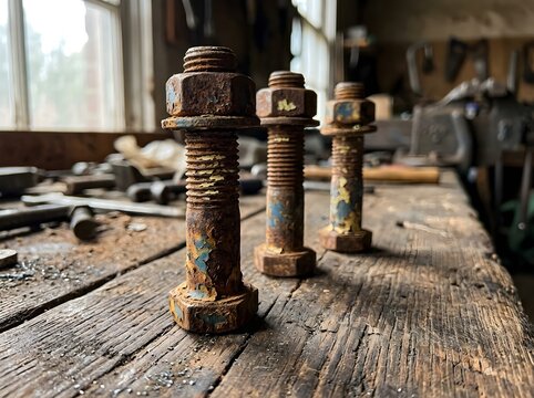 Three rusty bolts standing on a wooden workbench funny animal emoji