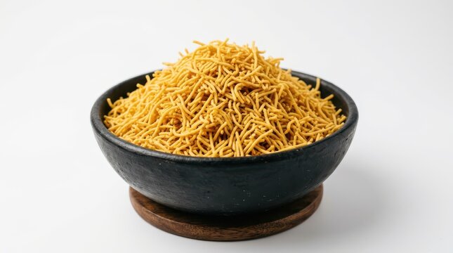 A bowl of crispy indian snack sev isolated on white background