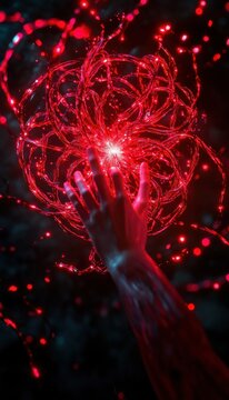 Outstretched hand reaching toward a glowing red orb of tangled light strands and sparks against a dark background, evoking wonder and curiosity