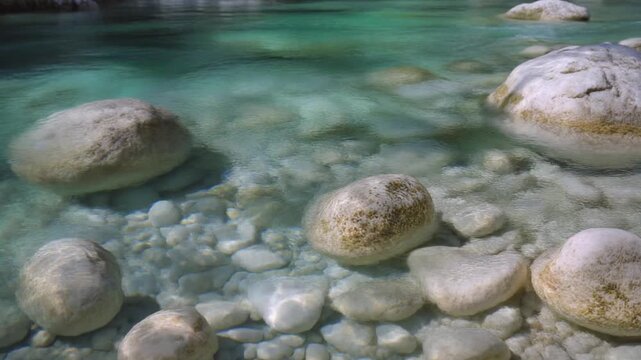 Turquoise river water flows over rocks in soca valley slovenia