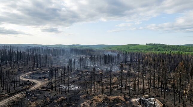 Wildfire destroys forest landscape leaving charred trees and burnt ground