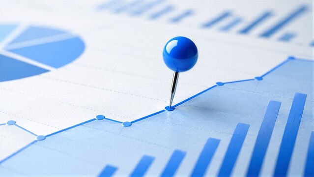 Line graph marked with pushpin on financial chart