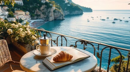 Naklejka premium serene sunlit balcony breakfast overlooking calm sea with a small stovetop coffee maker and cup, croissant on a notebook on a round table, wicker chair, flowering plants and coastal cliffs