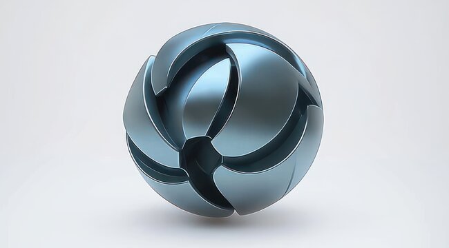 polished blue metallic orb composed of interlocking curved petal-like segments floating above a soft neutral surface, sleek futuristic and elegant