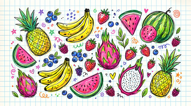 Vibrant Tropical Fruit Medley: A cheerful collection of exotic fruits including pineapples, bananas, strawberries, watermelons, and dragon fruit, presented in a lively.