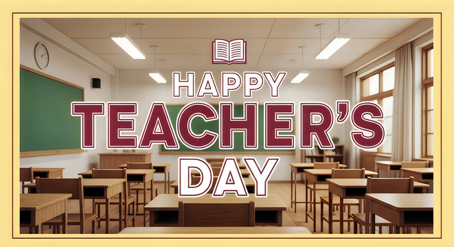 Happy Teachers Day banner with classroom background and open book illustration