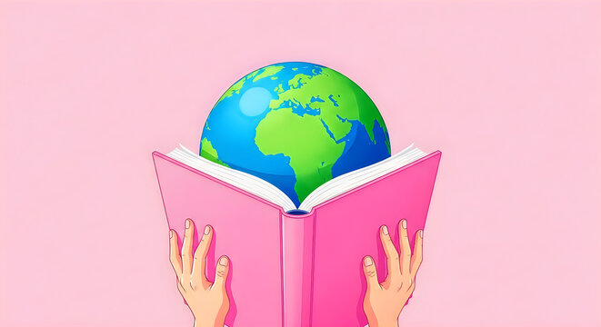 Open book with a glowing earth emerging from pages on a pink background
