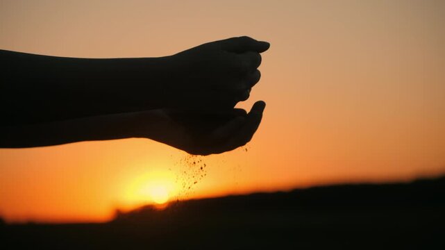 Farmer Sifting Soil Through Hands at Sunset