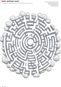 aerial hand-drawn circular hedge maze with winding pathways and dead ends surrounded by trees, black-and-white sketch evoking mystery and playful curiosity