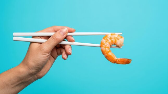 Hand holding a single cooked shrimp with white chopsticks